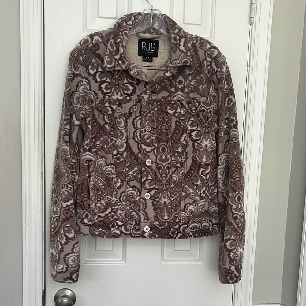 BDG Brown and White Jean Jacket with Vintage Pattern